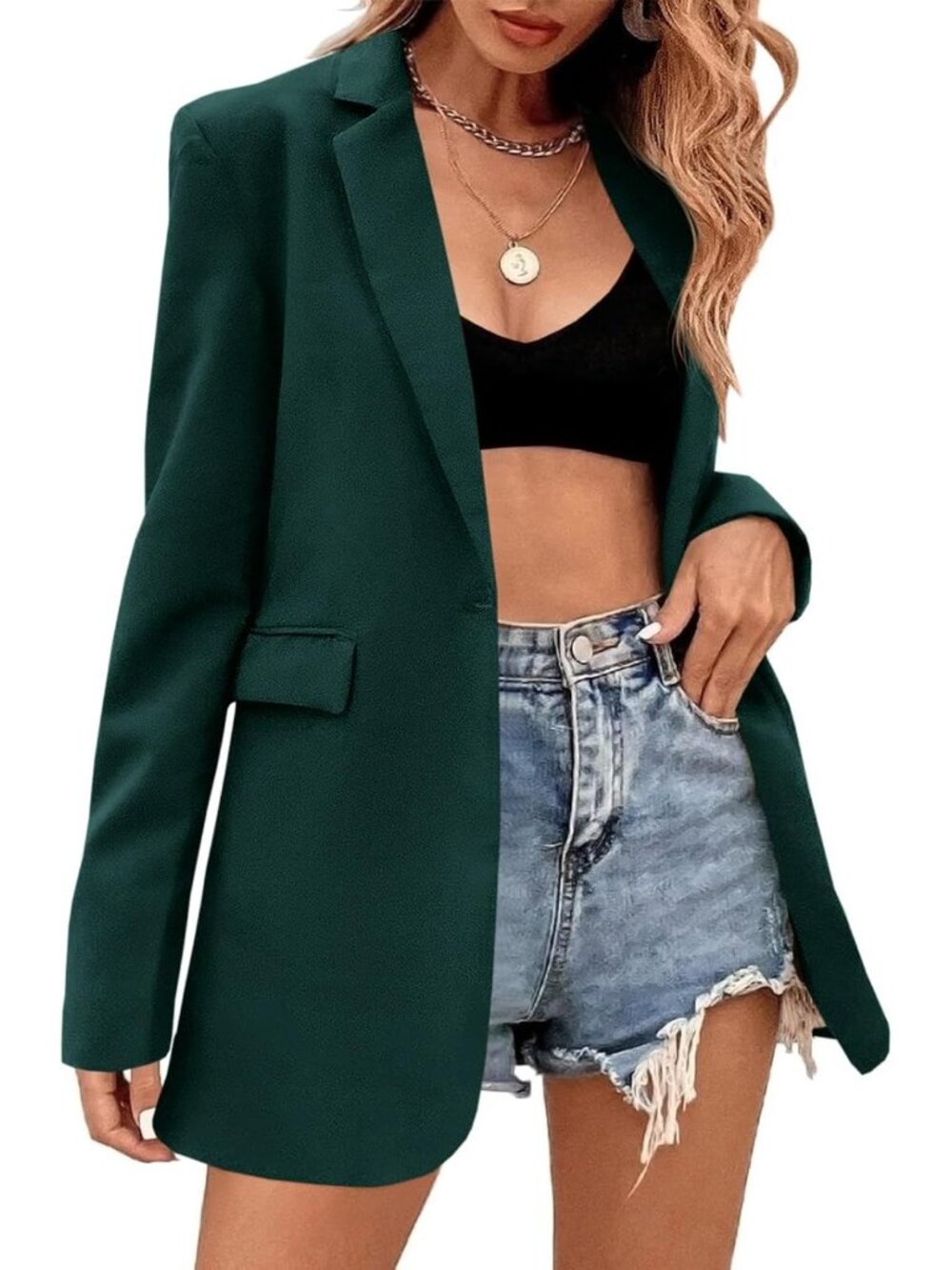 🆕Women's Dark Green Loose Fit Single Button Blazer Long Sleeve Office Suit Coat